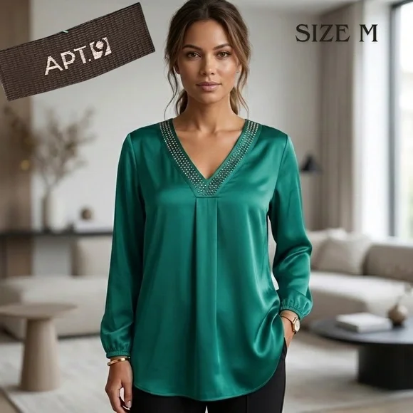 APT. 9 Women's Teal Lucky Shot Embellished V-Neck Satin Blouse Top Size Medium - Picture 1 of 15